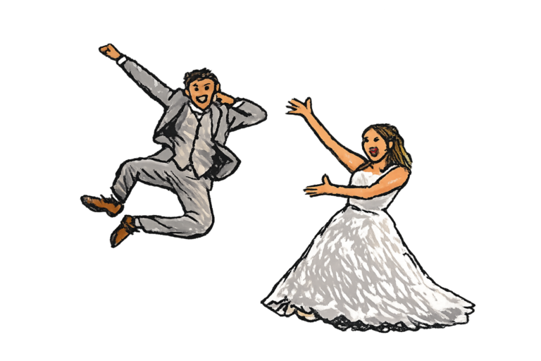 Happy couple celebrating while planning their wedding budget